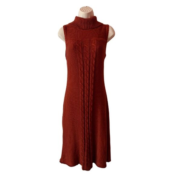 Calvin Klein Rust Orange Sleeveless Turtleneck Cable Knit Sweater Dress Size S/M - Picture 3 of 11